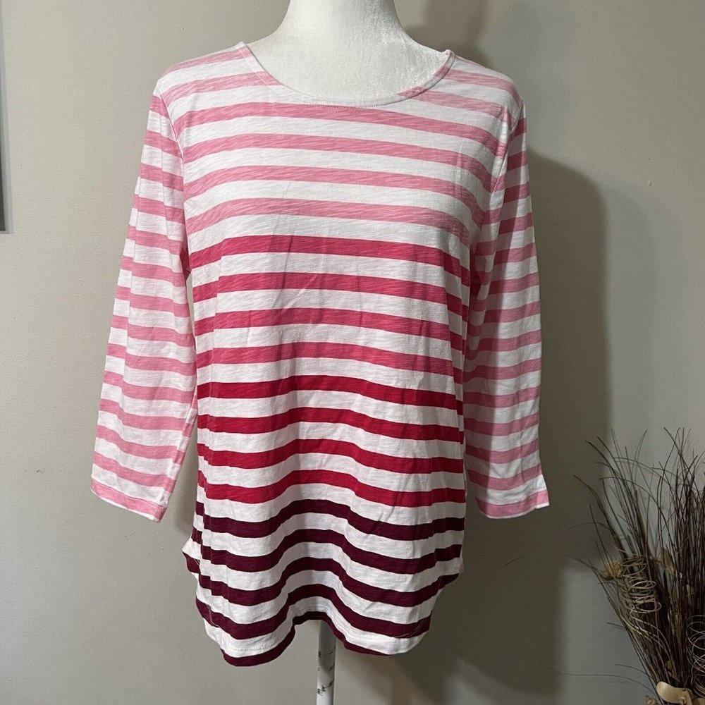 IB Diffusion 3/4 Sleeve Striped Round Neck Shirt Women Sz L Striped Pink Ombré